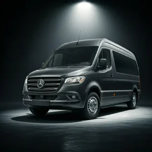 A black 2024 Mercedes-Benz Sprinter Crew Van parked in a dark studio with a spotlight shining on it.