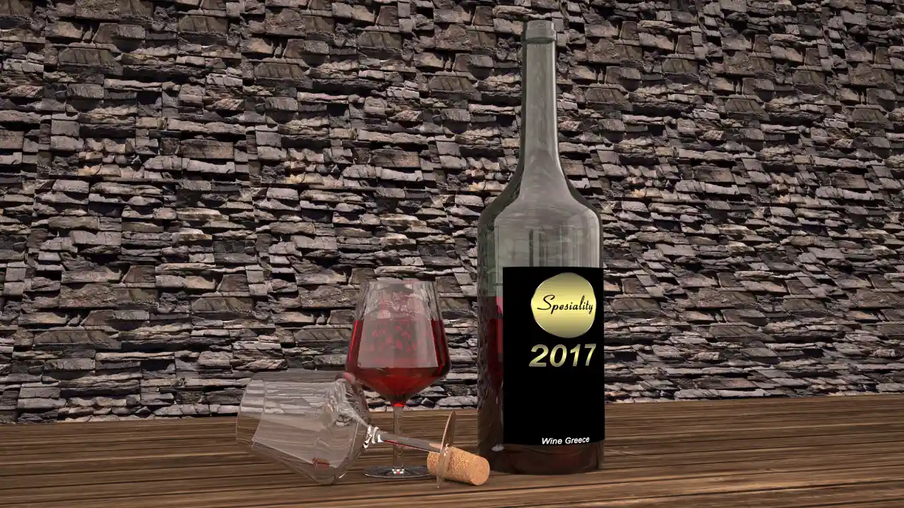 A bottle of rosé wine, a glass of rosé wine, and a cork on a wooden table in front of a brick wall. The bottle has a label that says "Spesiality 2017 Wine Greece