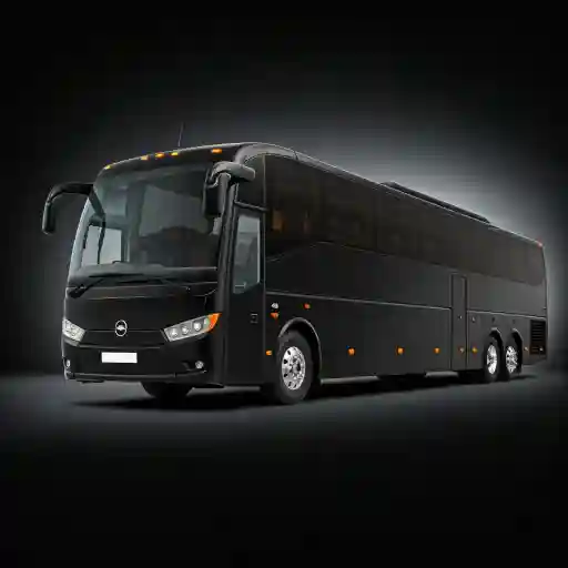 A black coach bus with tinted windows and sleek lines, parked on a dark background. The bus has modern headlights and a prominent logo on the front.