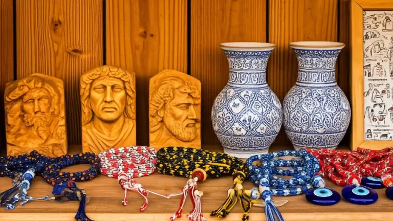 A display of traditional Greek souvenirs on a wooden shelf. There are carved wooden sculptures of religious figures, blue and white ceramic vases, and colorful woven bracelets and necklaces with evil eye charms.