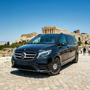 A black Mercedes-Benz V-Class minivan parked in front of the Acropolis in Athens, Greece. The iconic Parthenon temple is visible in the background. This luxurious vehicle is perfect for private tours of the city and its ancient landmarks.