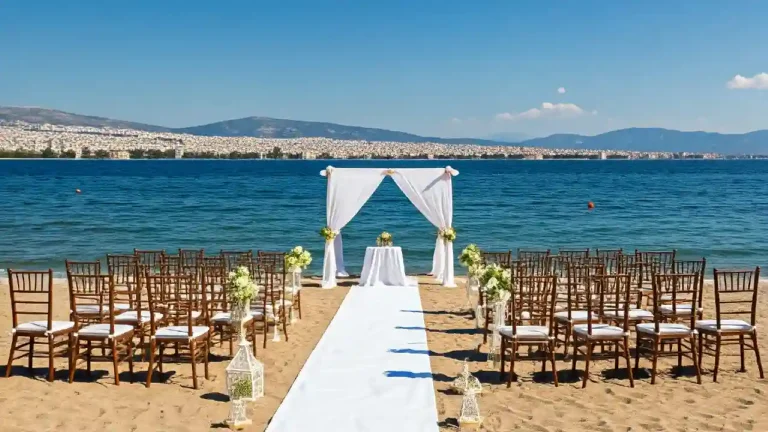 A breathtaking outdoor wedding venue on a sandy beach in Athens, Greece. A white archway adorned with flowers stands at the end of a white aisle, flanked by rows of chairs. The backdrop features a stunning view of the sea and the Athens city skyline.