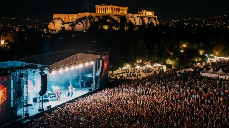 A bustling music festival in Athens, Greece, with live performances on multiple stages, photographed from a drone camera, showcasing the vibrant crowds, with the Acropolis illuminated in the distance.