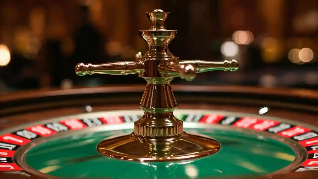 A close-up view of a spinning roulette wheel in a casino. The wheel is green with numbered slots, and a small white ball is moving around the edge.