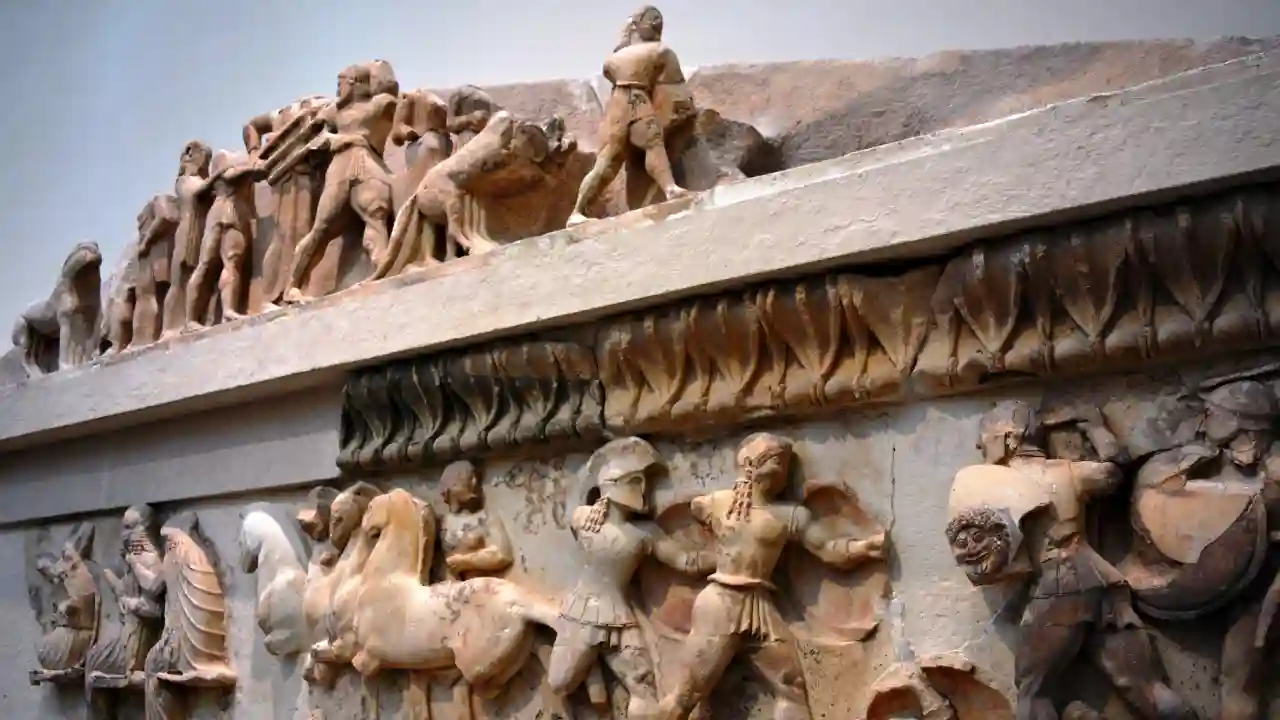 A detailed view of the Siphnian Treasury, a marble frieze depicting a battle scene with warriors, horses, and mythological creatures. The frieze is displayed in the Archaeological Museum of Delphi, Greece.