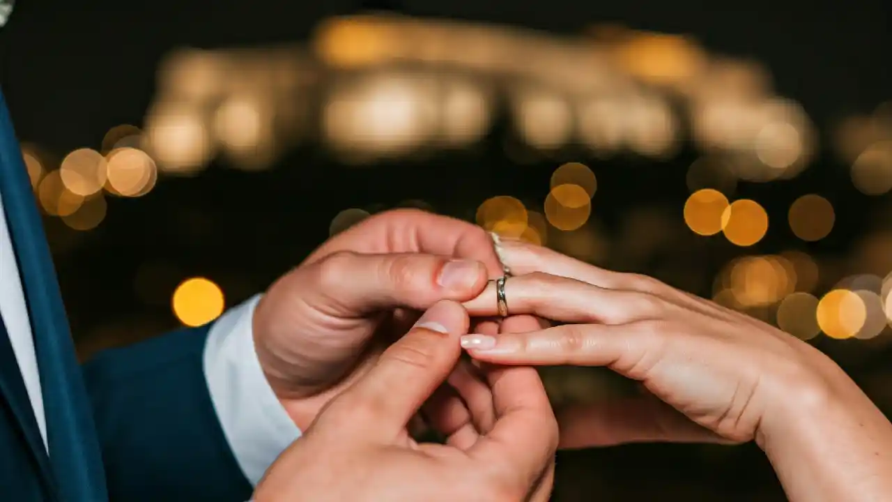 A groom places a wedding ring on his bride's finger, with the majestic Acropolis of Athens as a breathtaking backdrop.