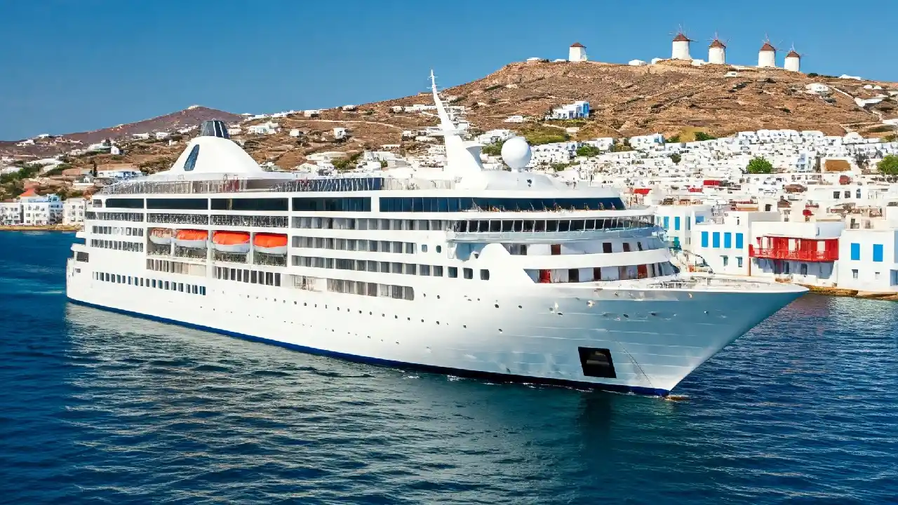 A large, white cruise ship sails past the iconic whitewashed buildings and windmills of Mykonos, Greece.