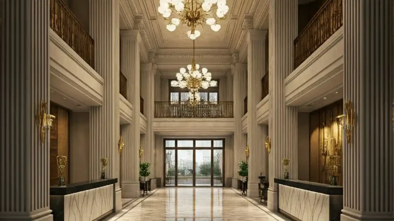 A luxurious hotel reception area with a polished marble floor, a grand staircase, and a gleaming reception desk staffed by friendly professionals. Chandeliers illuminate the high ceilings, creating an elegant and inviting atmosphere.