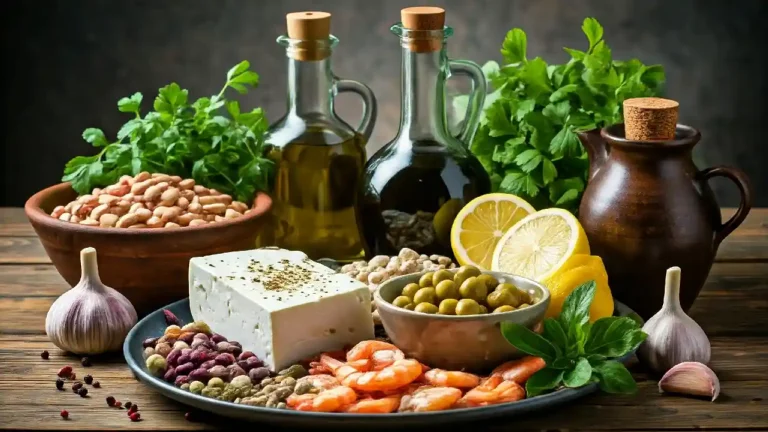 A rustic wooden table overflowing with the bounty of Greek cuisine: golden olive oil, fragrant herbs like oregano and thyme, creamy feta cheese, zesty lemons, plump garlic cloves, glistening seafood, and hearty legumes.