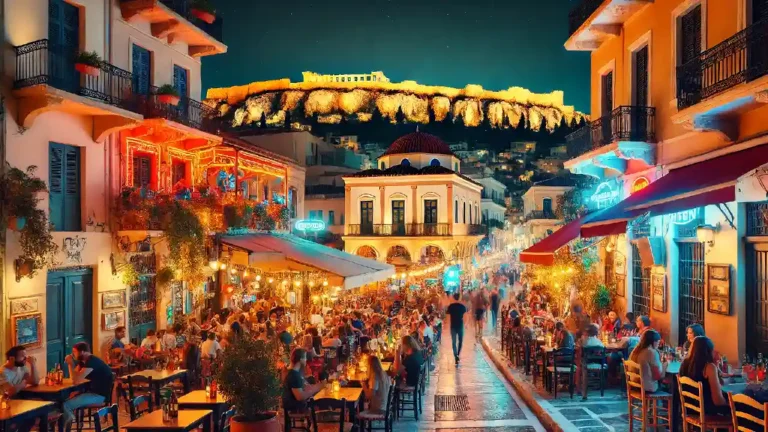 The image depicting a lively bar street in Athens, Greece, with the illuminated Acropolis majestically visible in the background.