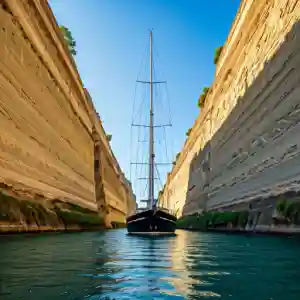 A sailboat glides through the narrow Corinth Canal, its form contrasting with the towering walls and the clear blue waters.