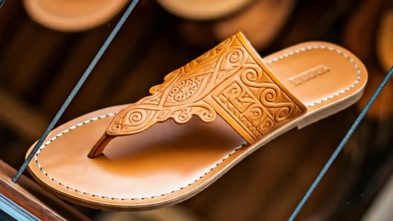 A close-up of a woman's leather sandal with intricate straps and an ancient Greek design, displayed in the window of a charming leather goods shop.