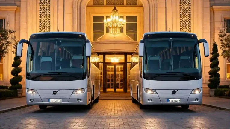 Two luxurious coaches parked in front of a grand entrance with a chandelier. The coaches are sleek and modern, with a focus on comfort and style.