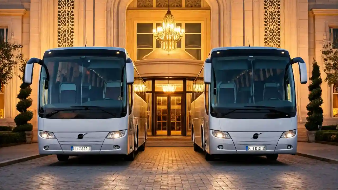 Two luxurious coaches parked in front of a grand entrance with a chandelier. The coaches are sleek and modern, with a focus on comfort and style.