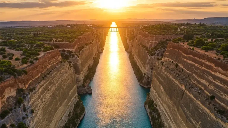 Dramatic aerial view of the Corinth Canal, Greece, showcasing steep limestone cliffs and turquoise waters under a golden sunset.