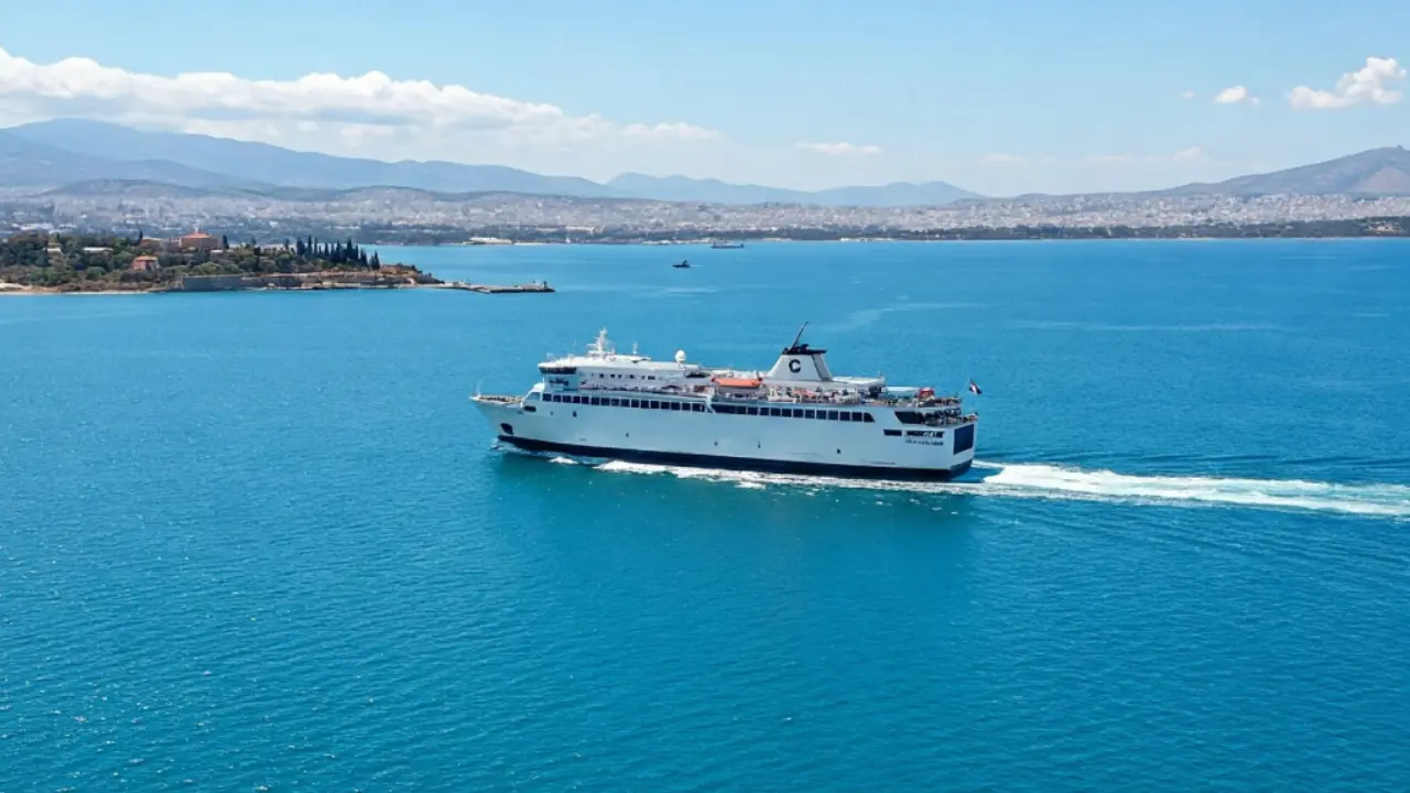 A scenic view of a ferry sailing from Athens to Crete with the Aegean Sea in the background.