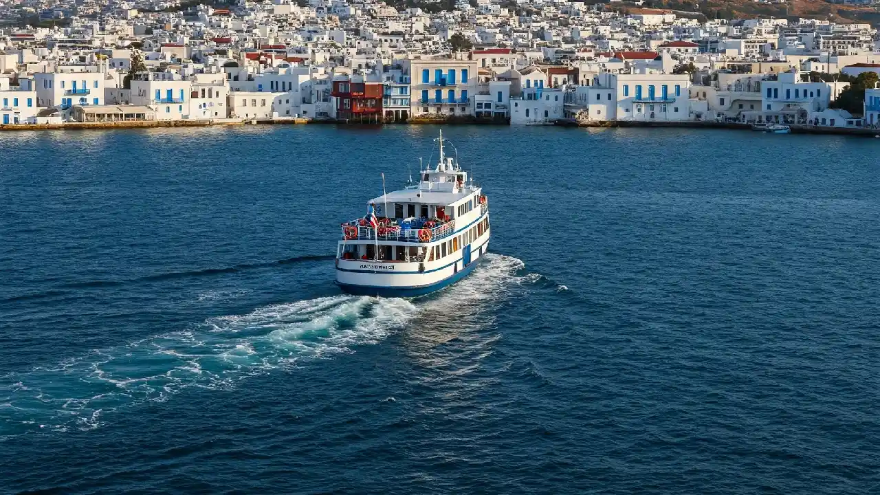 Scenic view of Mykonos with a ferry sailing on the Aegean Sea, showcasing travel options from Athens to Mykonos.