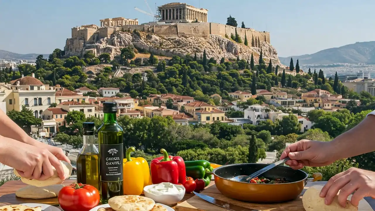 A scenic outdoor cooking scene with the Acropolis of Athens prominently in the background. Hands are shown preparing dough and vegetables, with olive oil bottles and colorful peppers on a table. The Acropolis stands atop a hill overlooking the city.