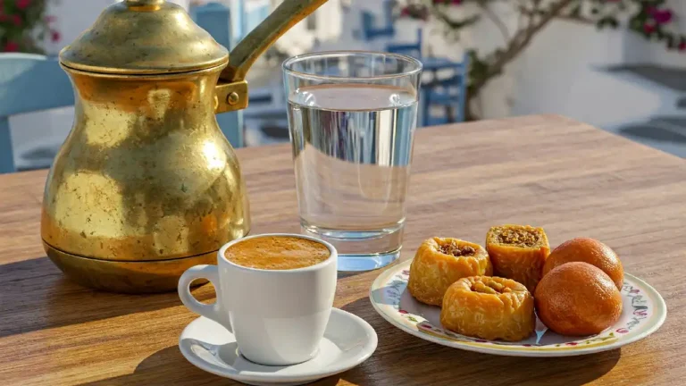 A cup of traditional Greek coffee displaying the signature foam (kaimaki) on top, served in a demitasse cup alongside a copper briki, baklava, and loukoumades on a rustic wooden table.