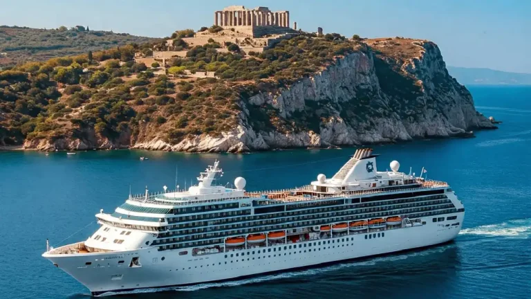 A luxury cruise ship departing from Athens, Greece, sailing through the Aegean Sea with a view of the Cape Sounion in the background.