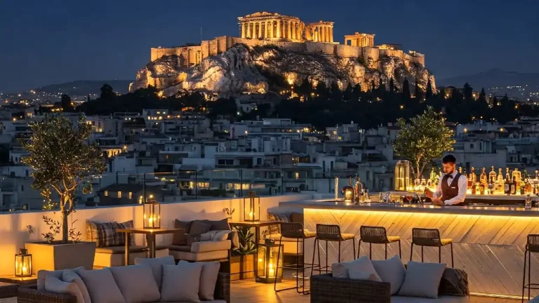 Rooftop bar in Athens with Acropolis view at night, featuring modern decor, ambient lighting, and guests enjoying cocktails under the stars.