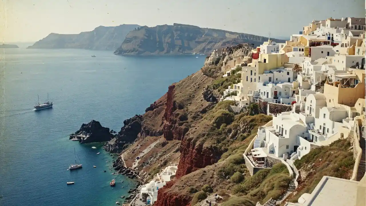 A breathtaking panoramic view of Oia, Santorini, Greece. Whitewashed buildings cling to the dramatic cliffs overlooking the sparkling Aegean Sea. Sailboats dot the horizon, adding to the picturesque scene.