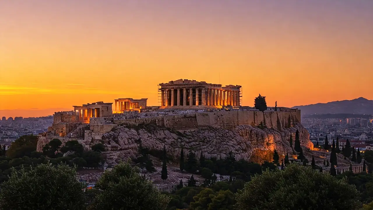 A breathtaking sunset view of the Acropolis and Parthenon in Athens, with the city skyline and golden hues illuminating the ancient ruins.