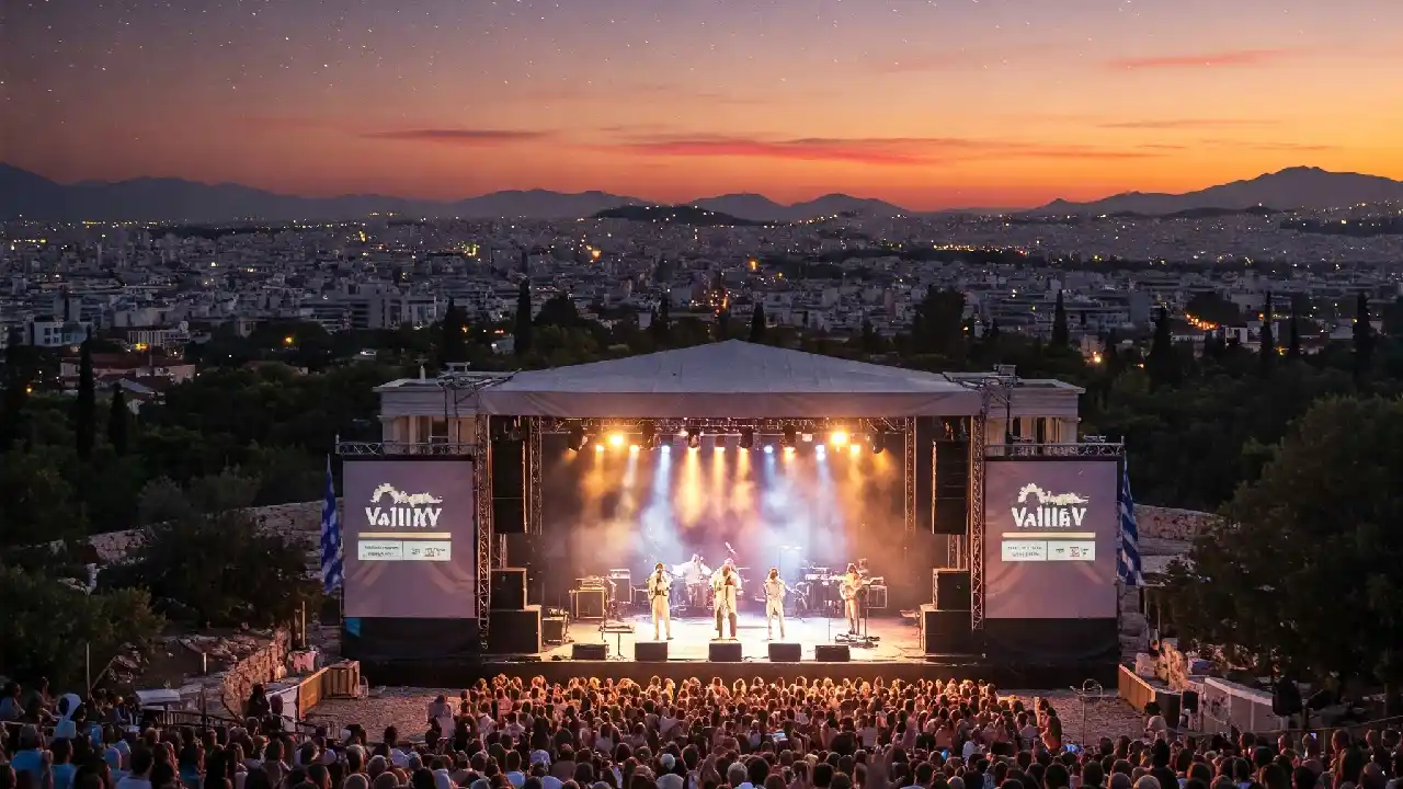 Music Under the Athenian Sky: A Night of Live Performance. A large crowd is gathered in front of the stage, watching the performance. The backdrop shows the Athens city lights against the darkening sky.