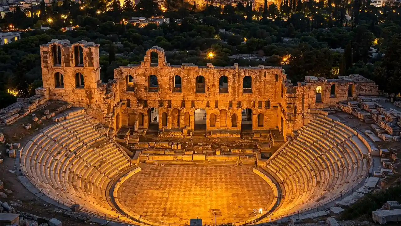 A night-time photo of the Odeon of Herodes Atticus with its golden lighting.