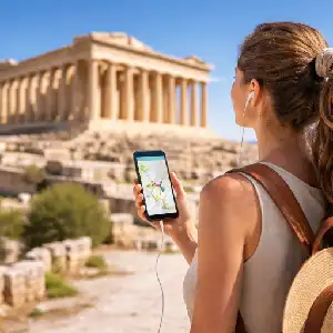Young woman using a mobile phone with earphones while viewing the Parthenon in Athens with a clear blue sky, listening to an Acropolis audio guide.