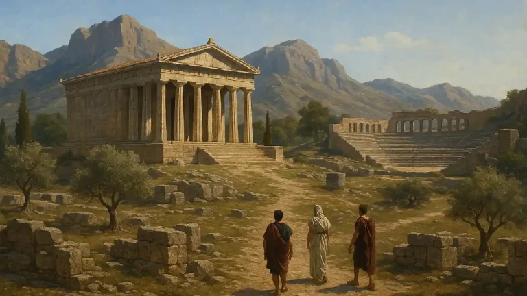 Digital painting of the Acropolis of Sparta featuring the Temple of Athena Chalkioikos and Spartan Theatre, set in the Eurotas Valley under a blue sky
