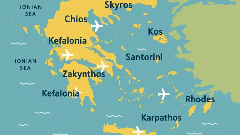 Map showing Greek islands with airports
