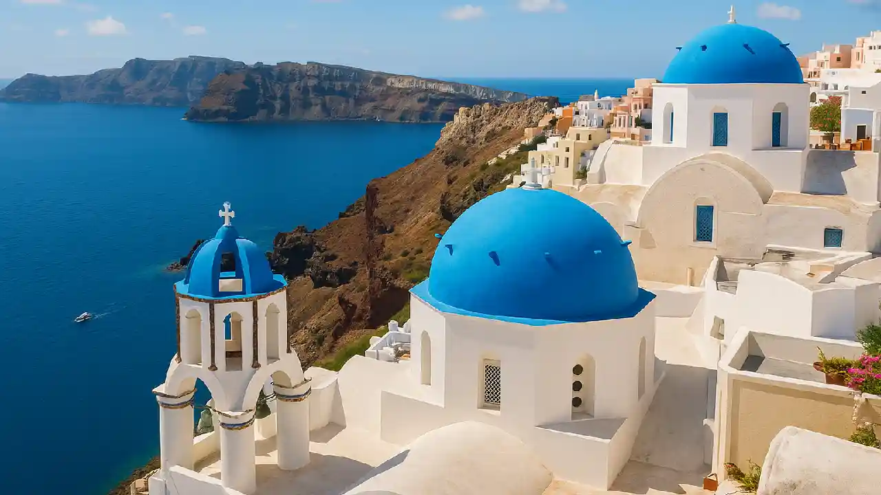 where to go in Greece – iconic blue-domed churches of Santorini with stunning Aegean Sea and cliffside village in the background Ask ChatGPT