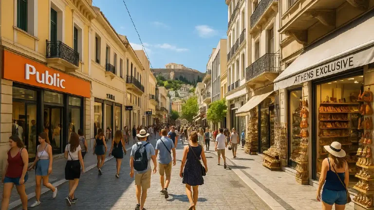 Busy shoppers walk along Ermou Street in Athens with the Acropolis visible in the background, surrounded by modern shops like Public and Zara.