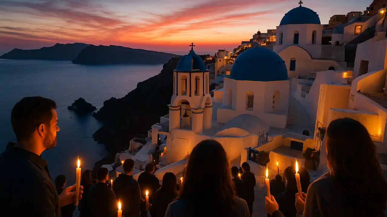 People holding candles during a Greek Orthodox Easter vigil in Oia, Santorini, with whitewashed buildings, blue-domed churches, and a sunset over the Aegean Sea in the background.