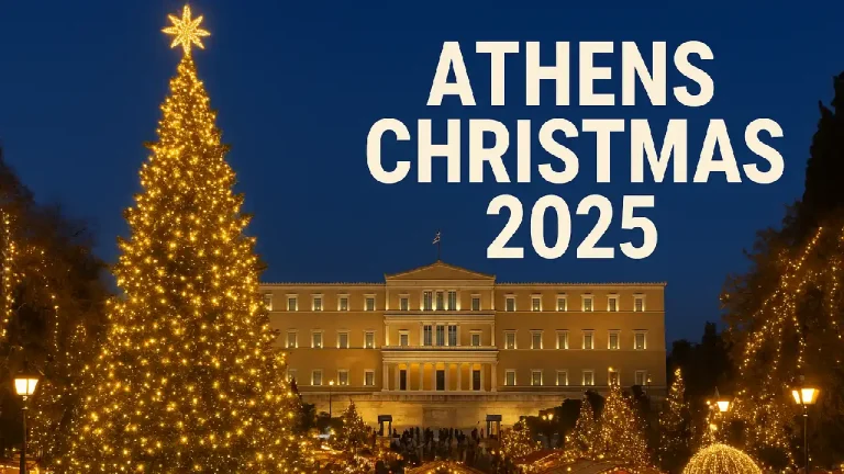 Athens Christmas 2025 at Syntagma Square with illuminated Christmas tree, festive market stalls, and the Hellenic Parliament building glowing at night.
