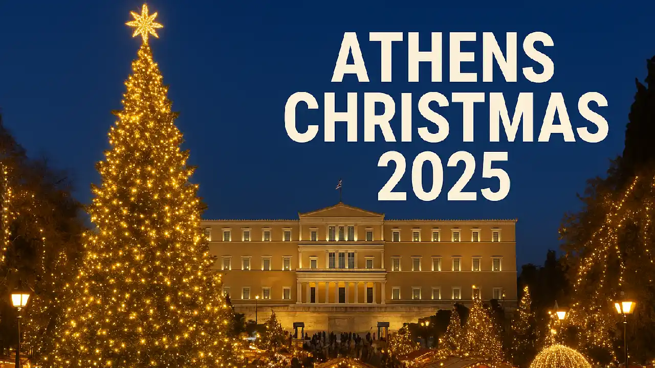 Athens Christmas 2025 at Syntagma Square with illuminated Christmas tree, festive market stalls, and the Hellenic Parliament building glowing at night.
