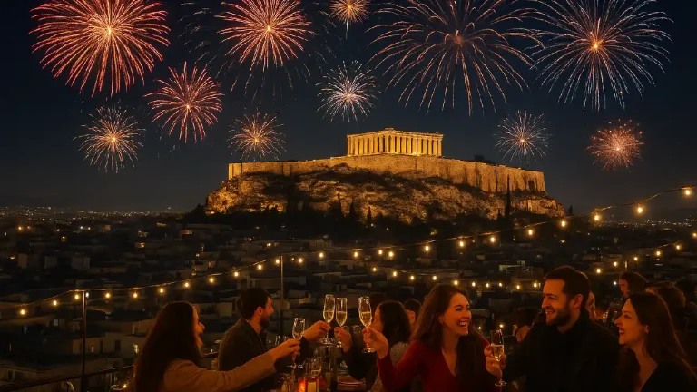 New Year’s Eve in Athens with fireworks over the Acropolis, rooftop parties, and festive city lights celebrating Athens Greece New Years.