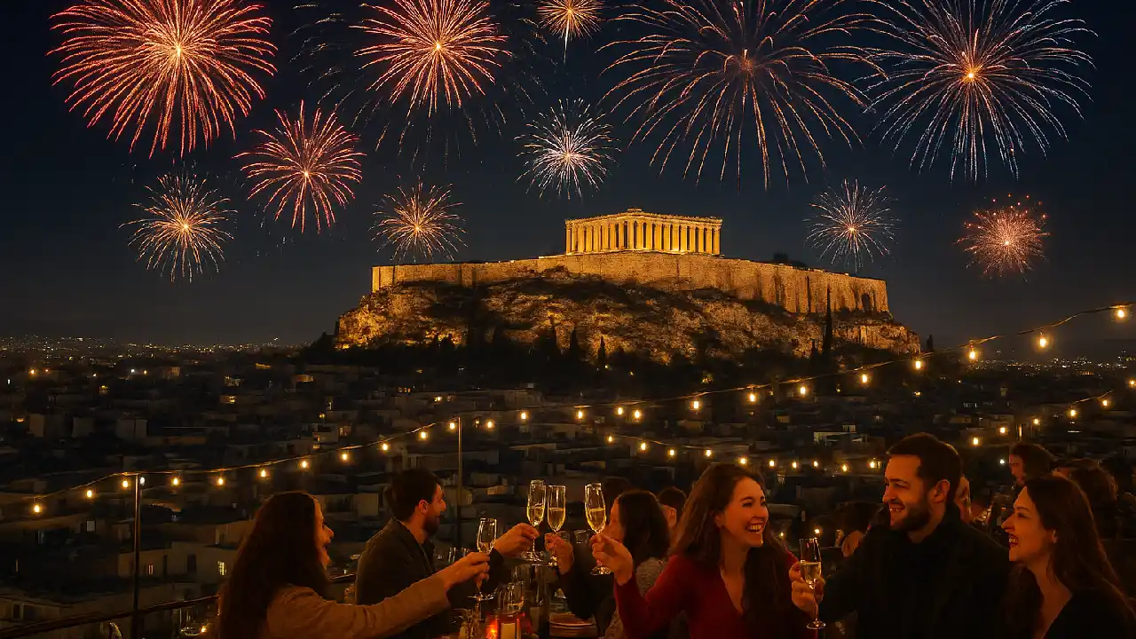 New Year’s Eve in Athens with fireworks over the Acropolis, rooftop parties, and festive city lights celebrating Athens Greece New Years.