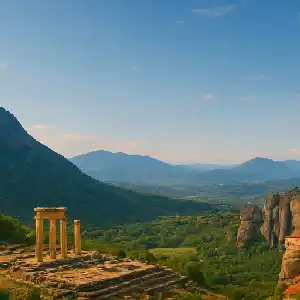 Panoramic view combining the ancient Temple of Apollo at Delphi under a clear blue sky.