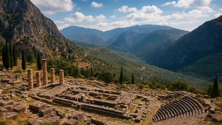 Panoramic view of the ancient Delphi ruins in Greece, featuring the Temple of Apollo and the hillside theater with Mount Parnassus and lush valleys in the background under a bright blue sky.