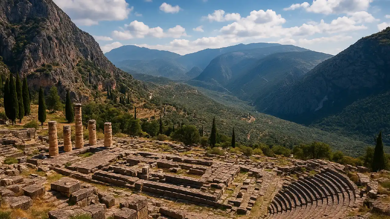Panoramic view of the ancient Delphi ruins in Greece, featuring the Temple of Apollo and the hillside theater with Mount Parnassus and lush valleys in the background under a bright blue sky.