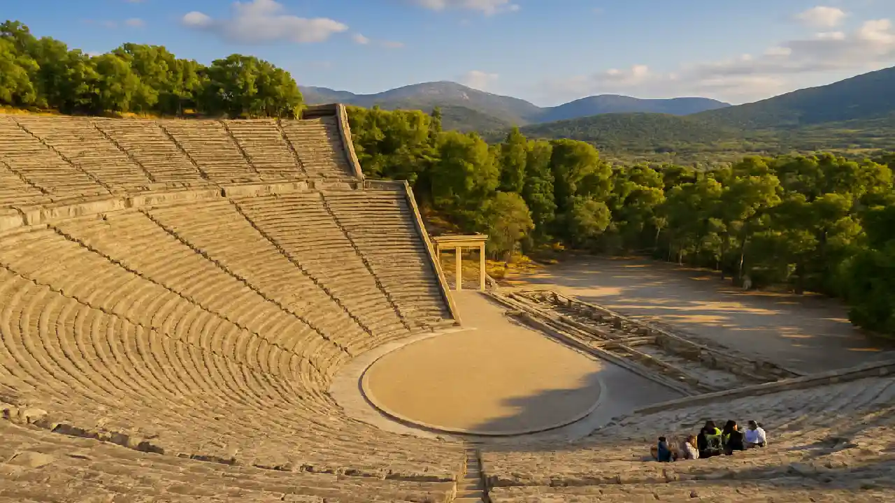 The ancient Theatre of Epidaurus bathed in golden evening light, surrounded by lush green hills and a clear blue sky, showcasing the iconic semicircular stone seating and stage where the Epidaurus Festival 2026 performances take place.