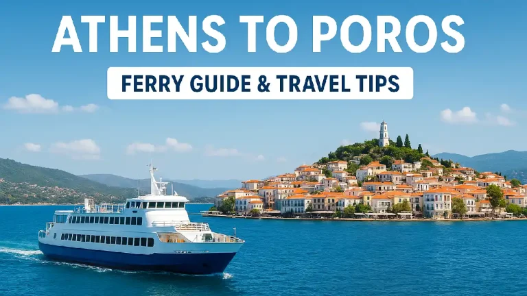 A white-and-blue ferry sailing from Athens to Poros across the blue Aegean Sea with the picturesque Poros town and its clock tower in the background under a clear summer sky.