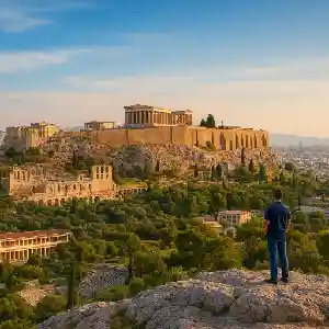 Panoramic view of the Acropolis and Mars Hill in Athens at sunset, representing the Biblical Tour Athens where Apostle Paul preached and the roots of Christianity are explored. A visitor standing on a rocky outcrop overlooking the city.