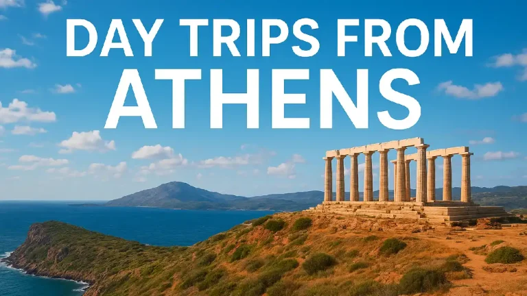 Scenic view of the Temple of Poseidon at Cape Sounion overlooking the Aegean Sea under a bright blue sky, representing popular day trips from Athens.