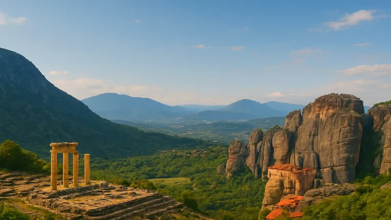 Panoramic view combining the ancient Temple of Apollo at Delphi on the left and the Meteora monasteries perched on towering rock formations on the right, surrounded by lush valleys and mountains under a clear blue sky.