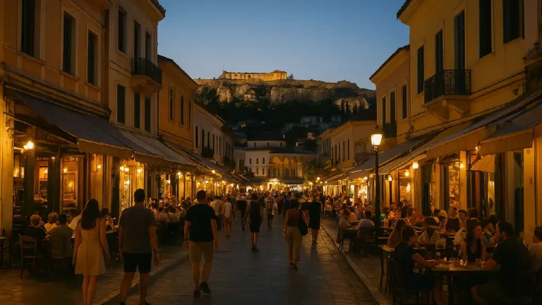 A lively evening scene in Monastiraki, Athens, with people dining at outdoor cafés under warm streetlights and the illuminated Acropolis visible in the distance.