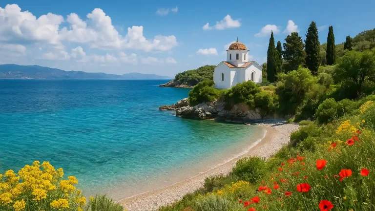 Serene coastal scene in Greece featuring a turquoise sea, pebble beach, white-domed church, and colorful spring flowers under a bright blue sky.