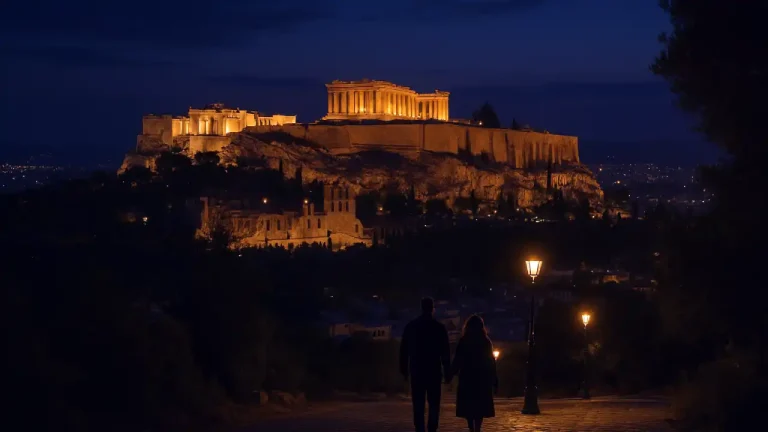 A couple walking hand in hand on a cobblestone path with the illuminated Acropolis and Parthenon glowing against the night sky in Athens, Greece.